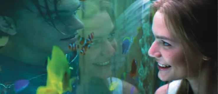 Juliette et Roméo se sourient à travers l'aquarium des poissons