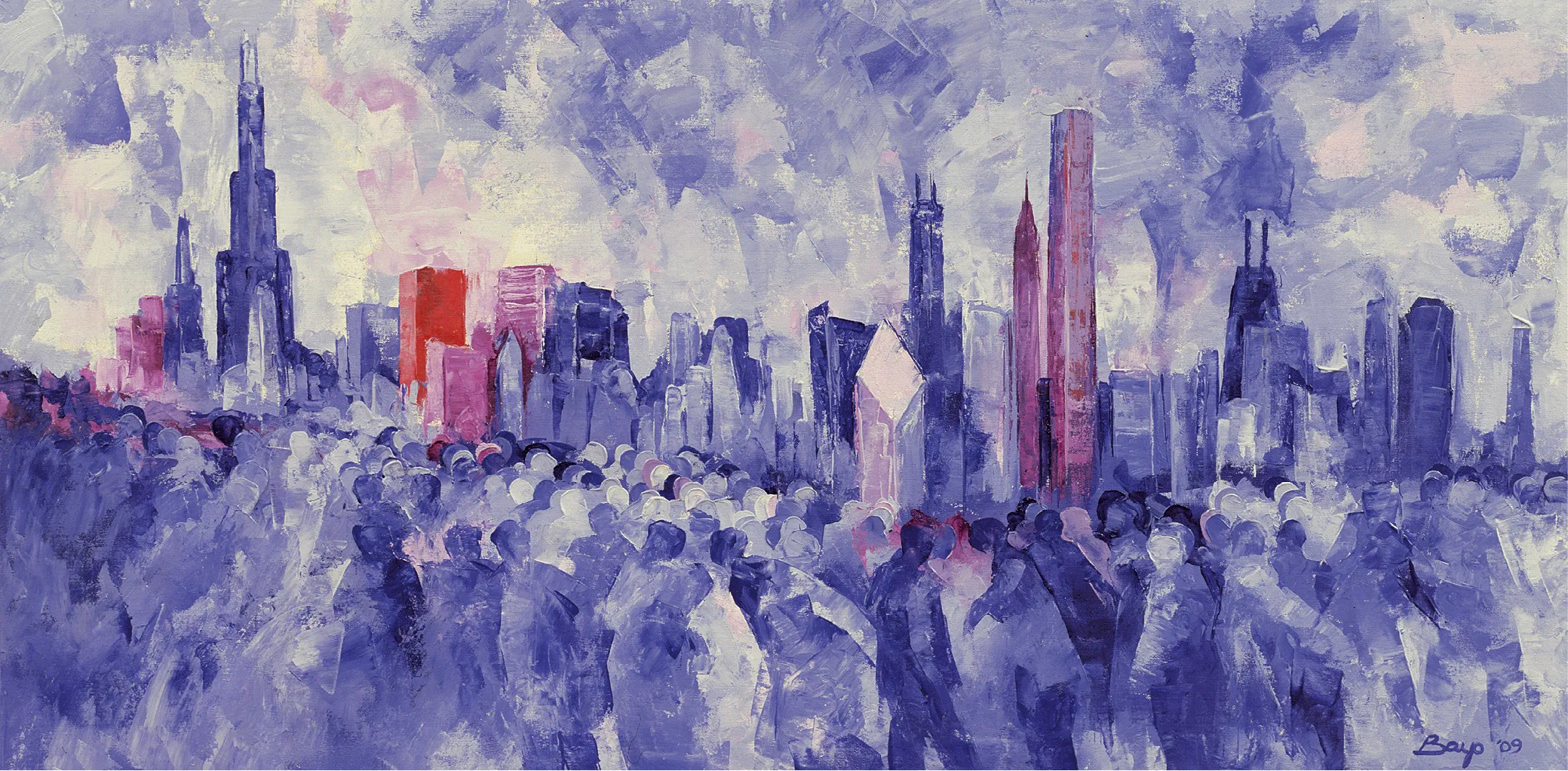 Bayo Iribhogbe, Chicago I, 2009, huile sur toile, 121,9 × 61,9 cm (collection privée).
