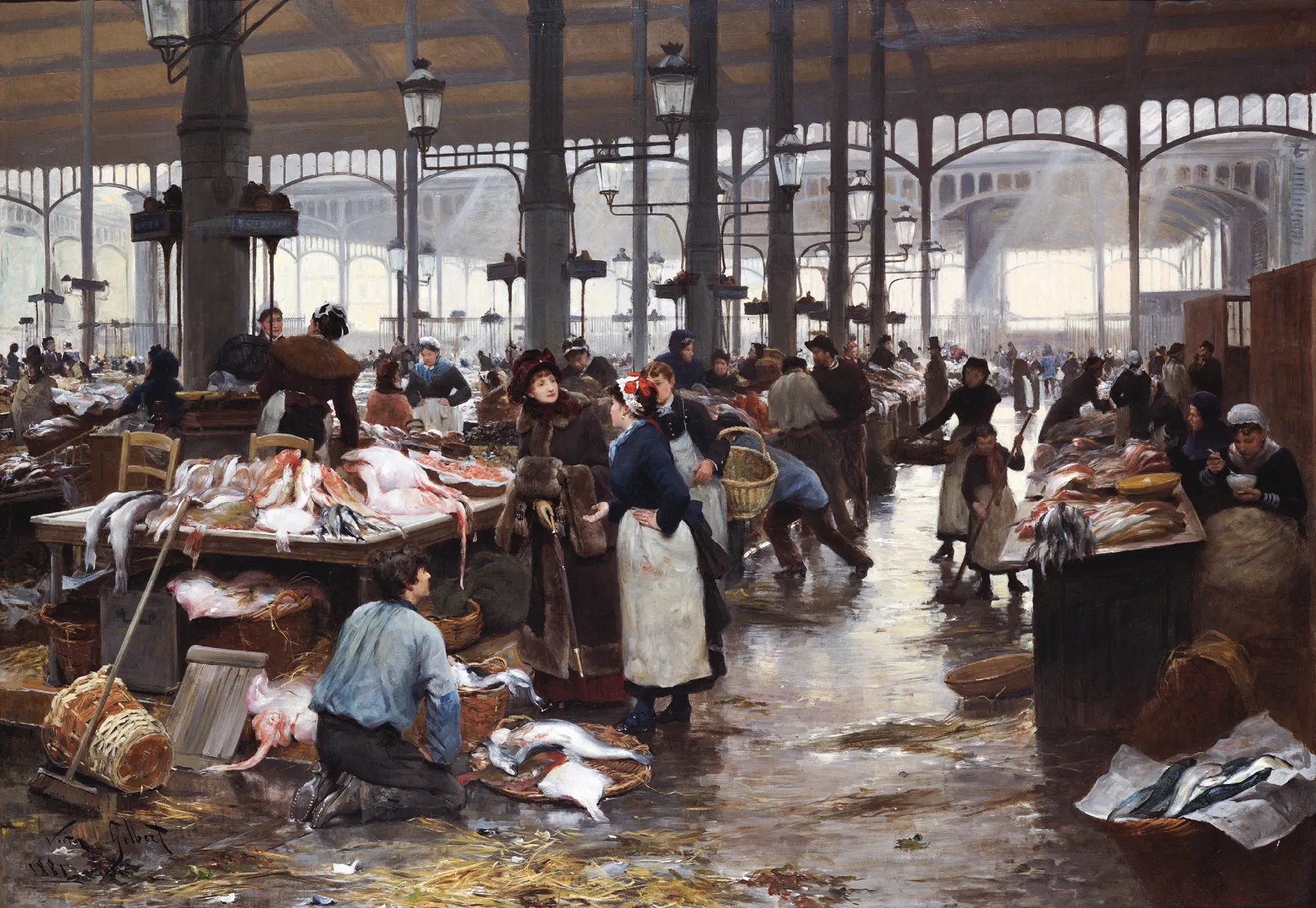 Victor Gilbert, Le Pavillon de la marée aux Halles, 1881, huile sur toile, 83,1 × 119,4 cm (collection privée). 