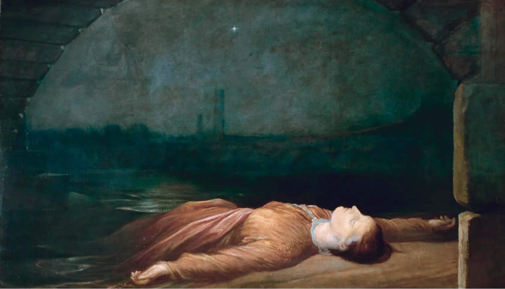 George Frederick Watts, Retrouvée noyée, vers 1850, huile sur toile, 219 × 119 cm (Watts Gallery, Compton, Angleterre).