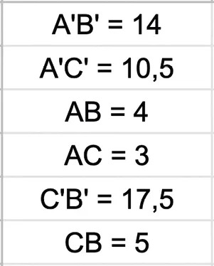 A'B' = 14; A'C' = 10,5; AB = 4; AC = 3; C'B' = 17,5; CB = 5.