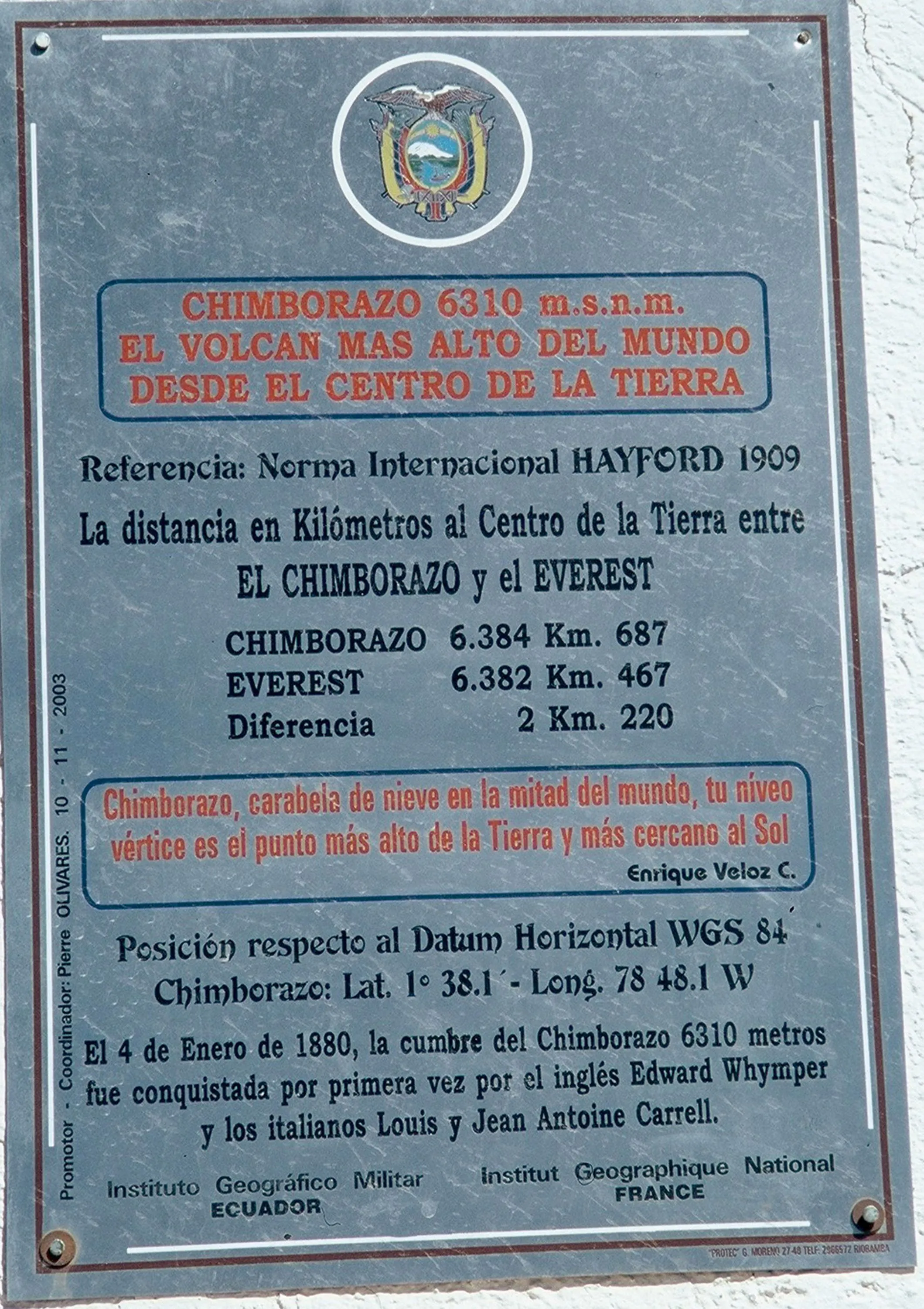 Plaque posée à proximité du mont Chimborazo, en Équateur.