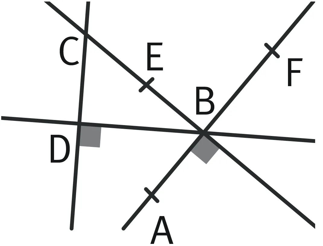 Ensemble de droites qui se croisent et qui forment différents triangles. Le triangle BCD est rectangle en D
