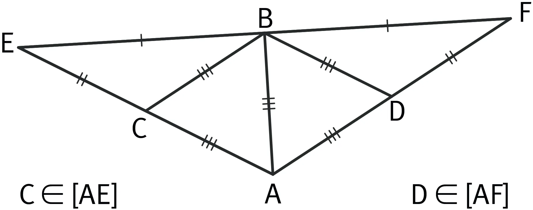 Triangle AEF composé de plusieurs triangle, EBC, BCA, CBD, DBE, 