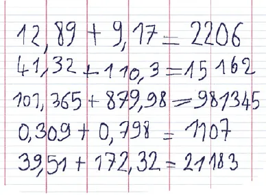 Illustration des opérations effectuées pas Jordan = 12,89 + 9, 17 = 2206 / 41,32 + 110,3 = 15162 / 101,365 + 879,98 = 981345 / 0,309 + 0,798 = 1107 / 39,51 + 172,32 = 21183. 