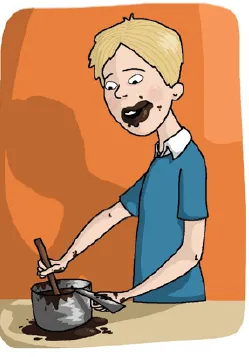 Illustration d'un garçon faisant un gâteau au chocolat.