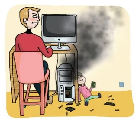 Illustration d'un papa en train de travailler à la maison sur un PC fixe, mais sa fille a cassé l'unité centrale. Il a l'air en colère.