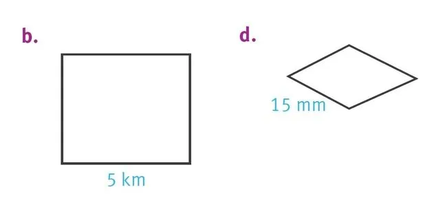 Figure b : rectangle de 5 km de côté. Figure d : losange de côté 15 mm.