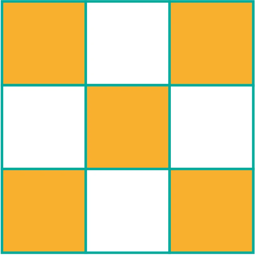 Carré fractionné en 9 petits carrés : 5 oranges et 4 blancs