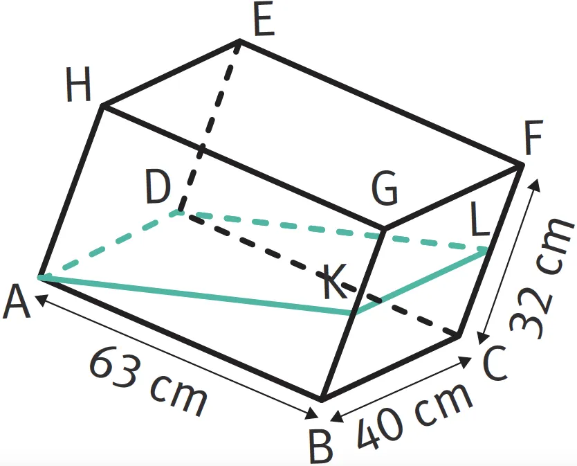 Représentation de l'aquarium d'Alison. Figure ABCD-EFGH en perspective cavalière avec AB=63cm, BC=40cm et CF=32cm. L'eau de l'aquarium est représentée par une figure AKLD imbriquée dans l'aquarium