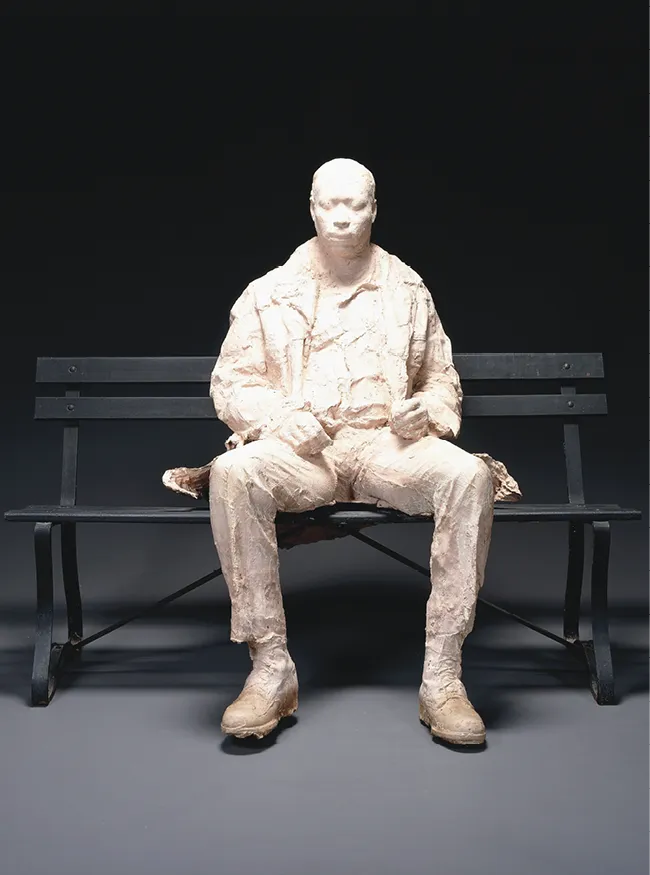 George Segal, Homme sur un
banc, 1985, plâtre peint et acier et
banc en bois, 129,5 × 152,4 × 92,4 cm
(collection privée).