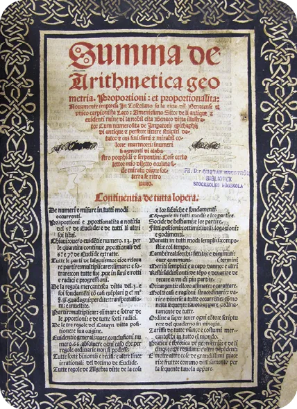 Photo du Summa de arithmetica, geometria, proportioni, et proportionalita, de Luca Pacioli