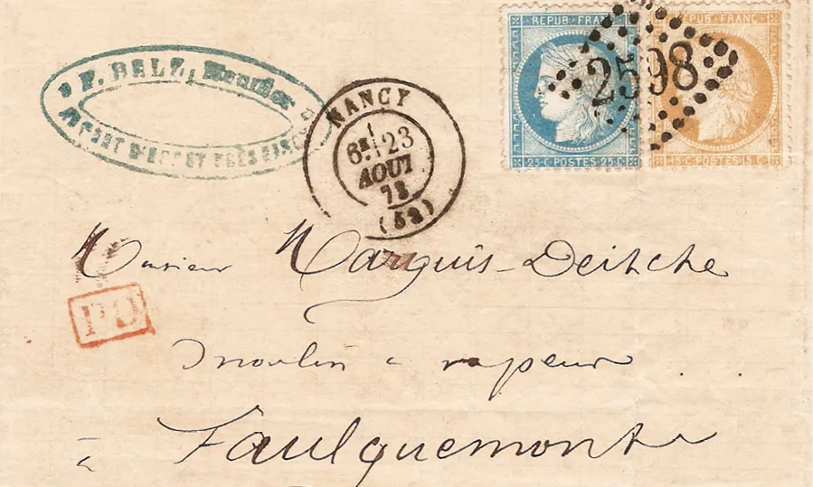 Lettre de Nancy pour Faulquemont (Lorraine allemande),
			1873 (collection privée Ducloy).