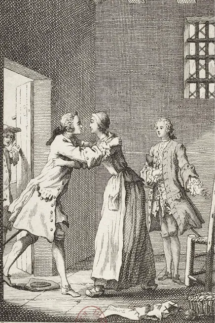 Hubert-François Gravelot,
« Des Grieux retrouve Manon
à La Salpêtrière », illustration
pour l'édition de Manon
Lescaut, 1753, gravure sur
cuivre, Bibliothèque nationale
de France, Paris.