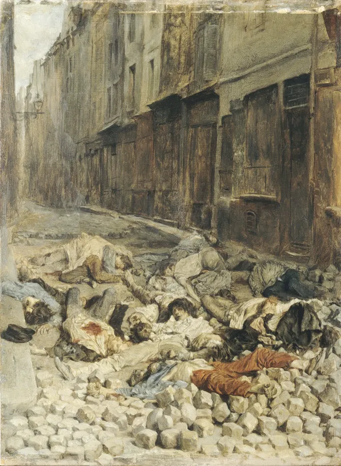 Ernest Meissonier,
La Barricade, rue de la
Mortellerie, juin 1848, 1850,
huile sur toile, 22 × 29 cm,
musée du Louvre, Paris.