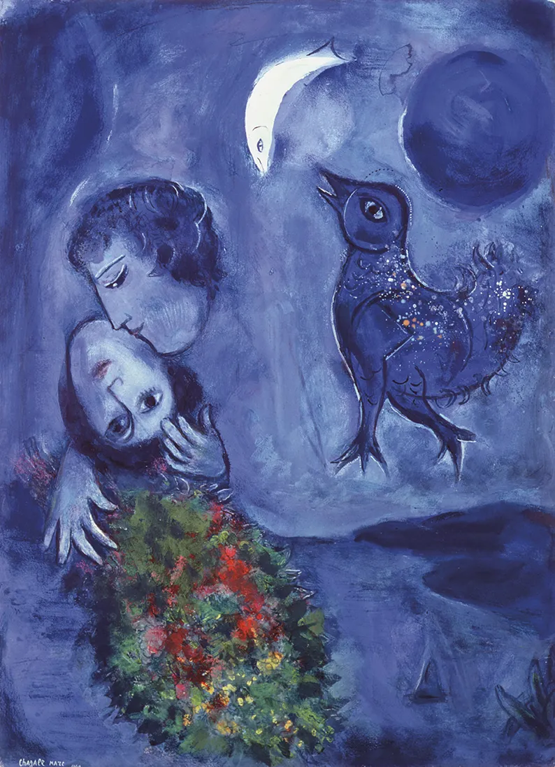 Marc Chagall, Paysage
bleu, 1949, gouache
sur papier, 77 × 56 cm,
musée Von-der-Heydt,
Wuppertal.