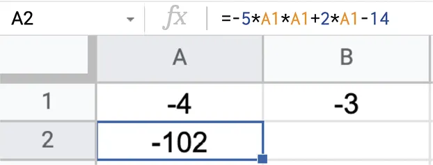 image du tableur (cellule A1 = -4 / cellule A2 = -102 / cellule B1 = -3)