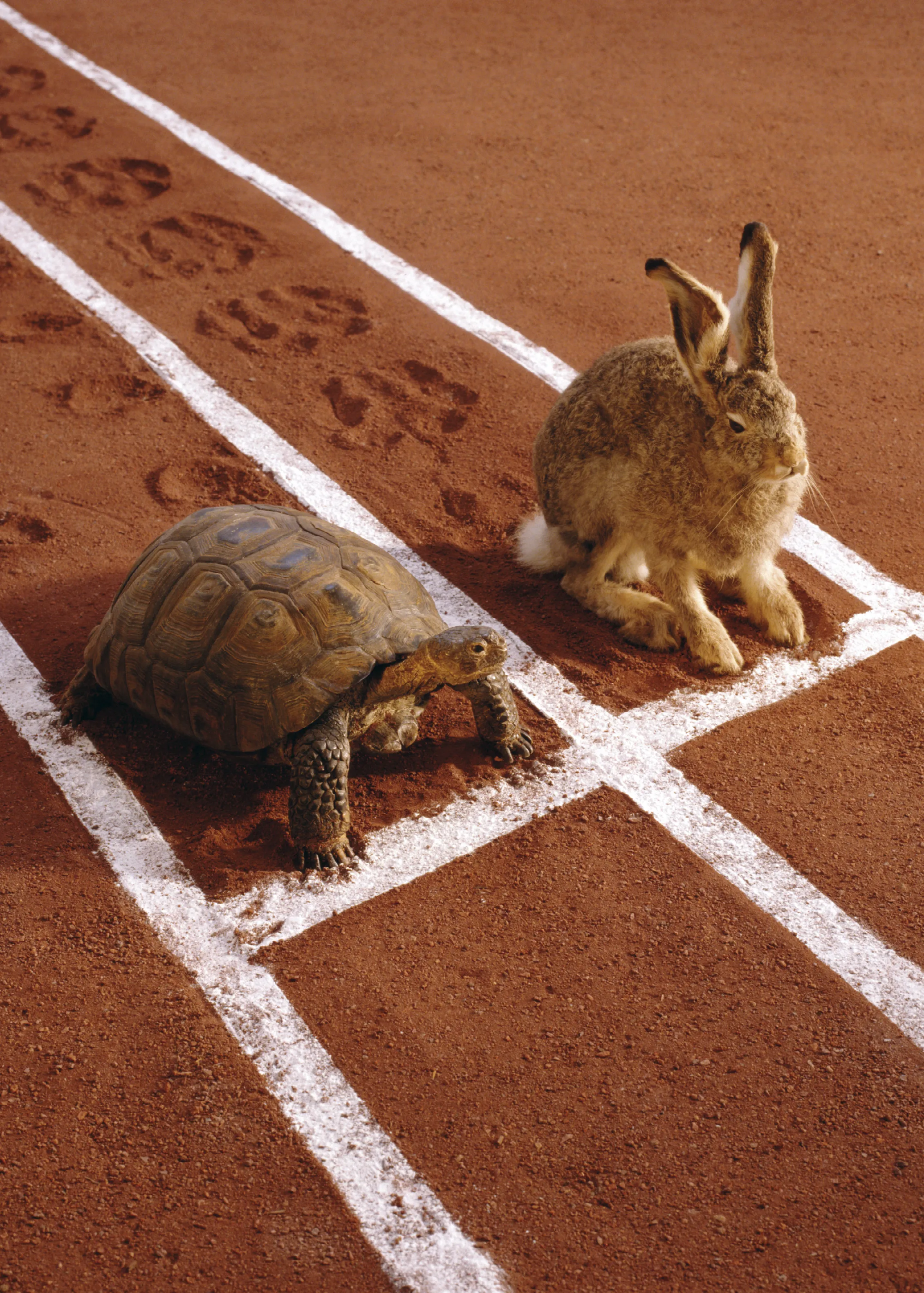 Photo d'une tortue et d'un lièvre sur une piste de course.