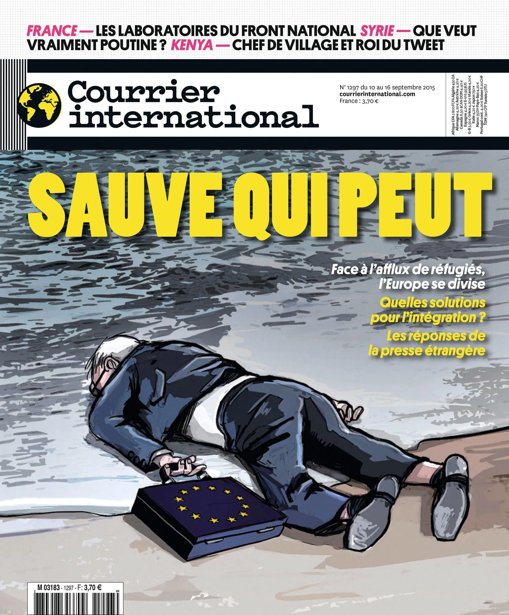 Illustration Couverture Courrier International: homme étendu, valise UE à côté, titre &quotSauve qui peut", crise migratoire européenne.