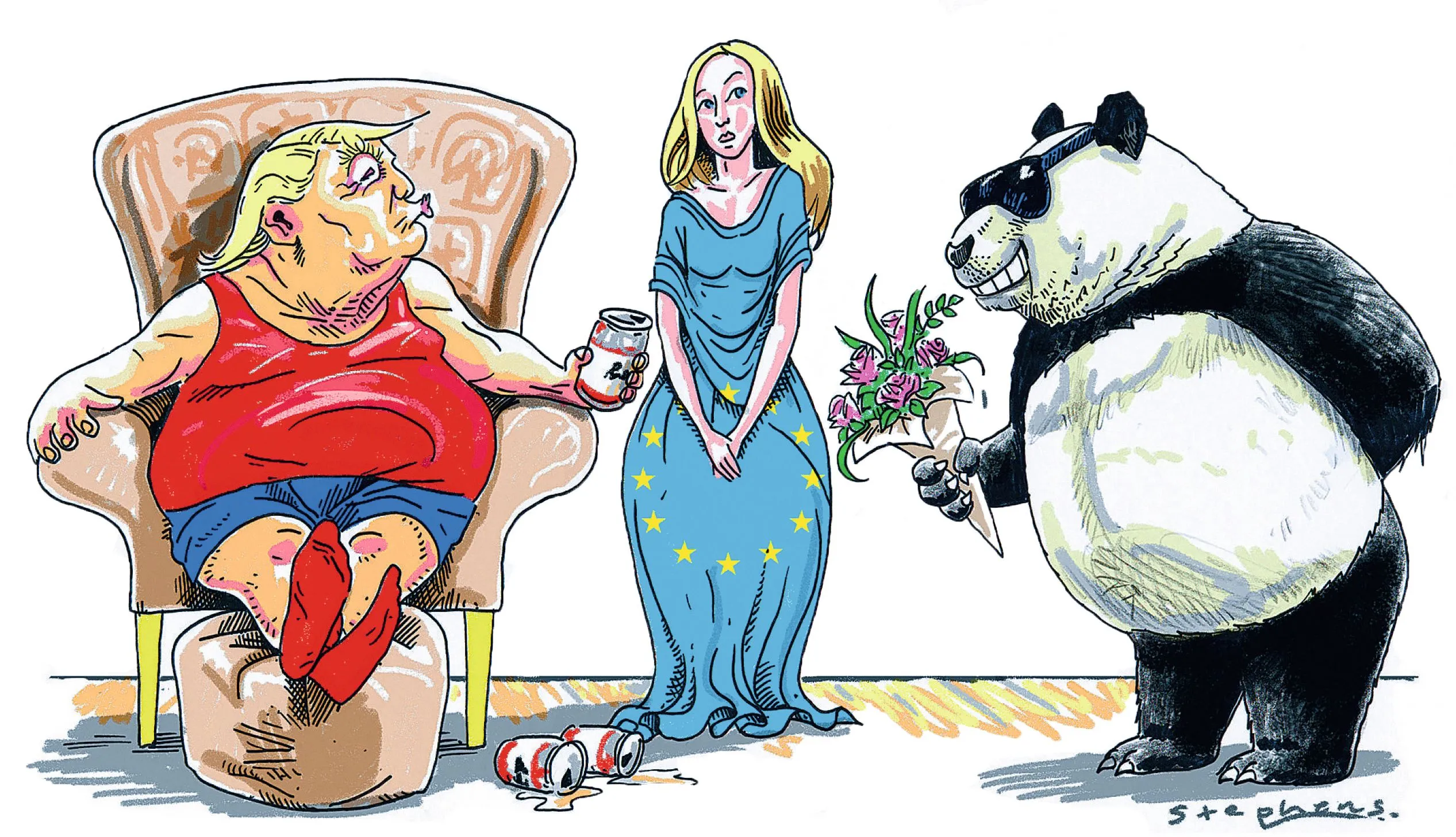 Caricature: Trump ivre, l'UE et un panda.  Critique politique humoristique sur les relations internationales.