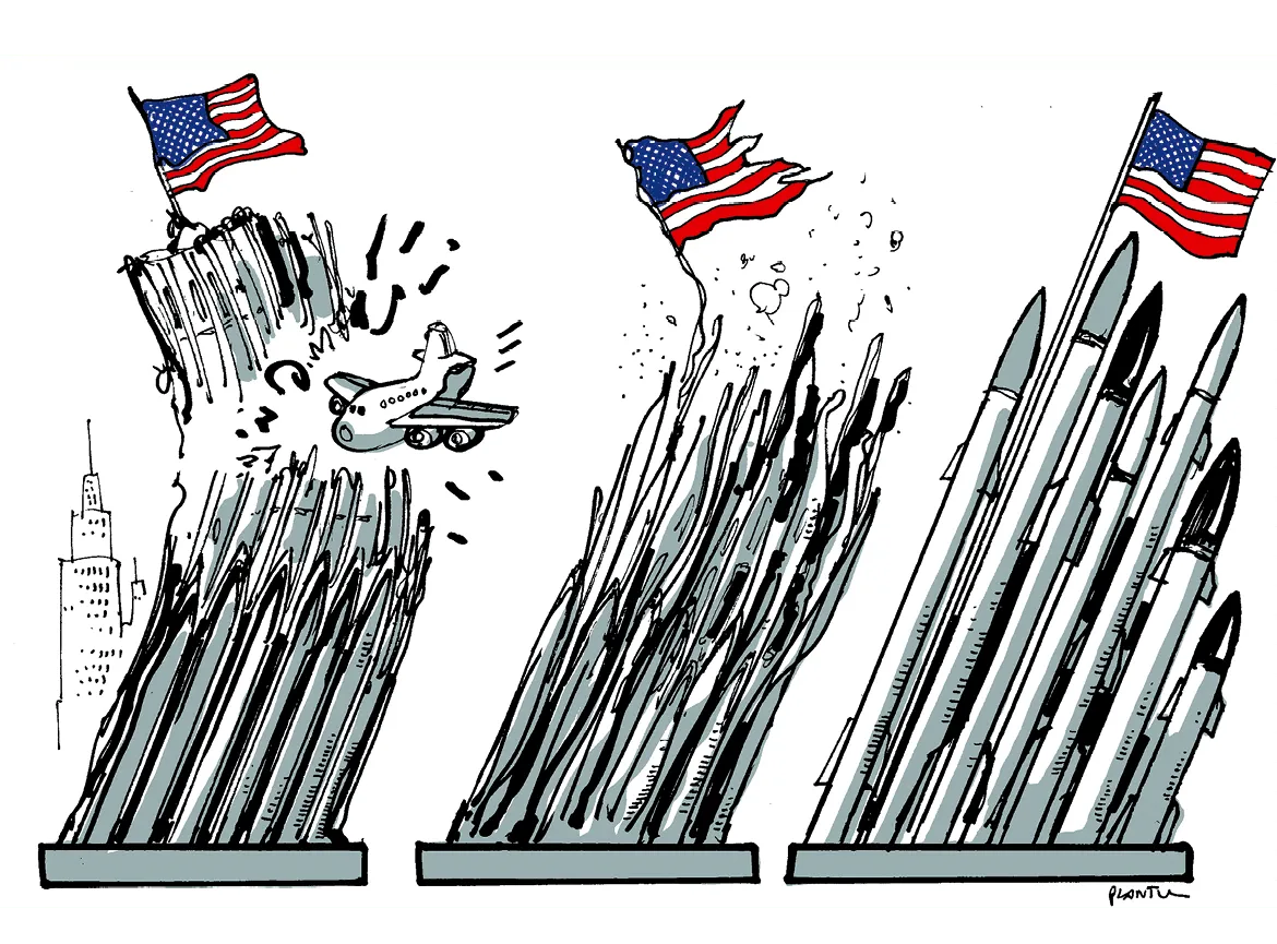 Caricature Plantu, Le Monde (2001) : avions percutant des tours jumelles stylisées comme des faisceaux de missiles, symboles des attentats du 11 septembre.