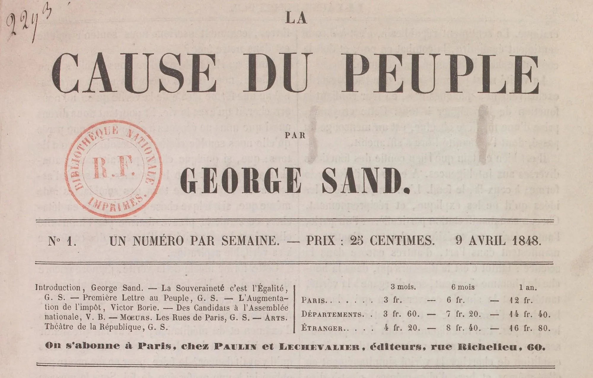 Journal La Cause du peuple, dirigé par George Sand