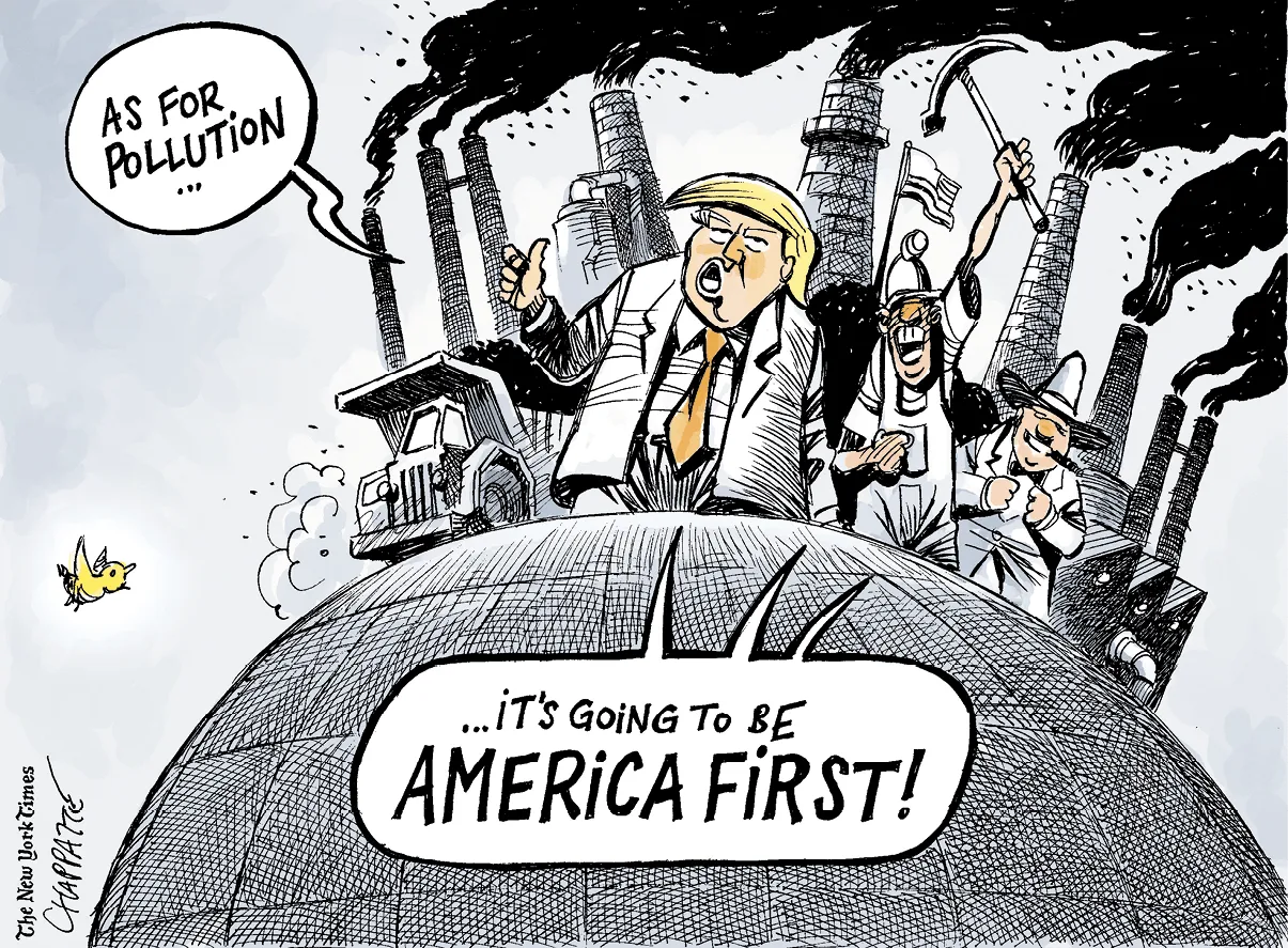 Caricature de Trump se retirant de l'accord de Paris, célébrant avec des ouvriers devant des usines polluantes.