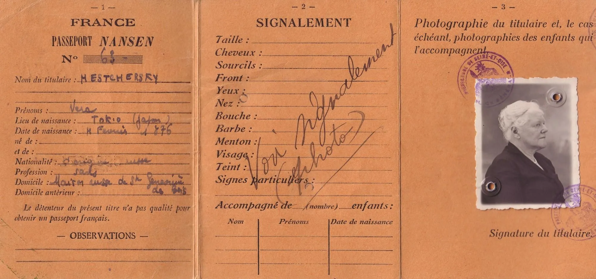 Passeport Nansen de la princesse Vera Mestchersky