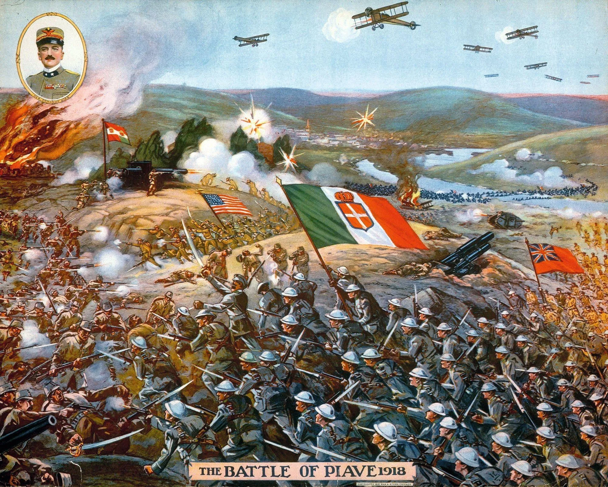 Bataille de Piave (octobre 1918), affiche imprimée en 1918 aux États-Unis