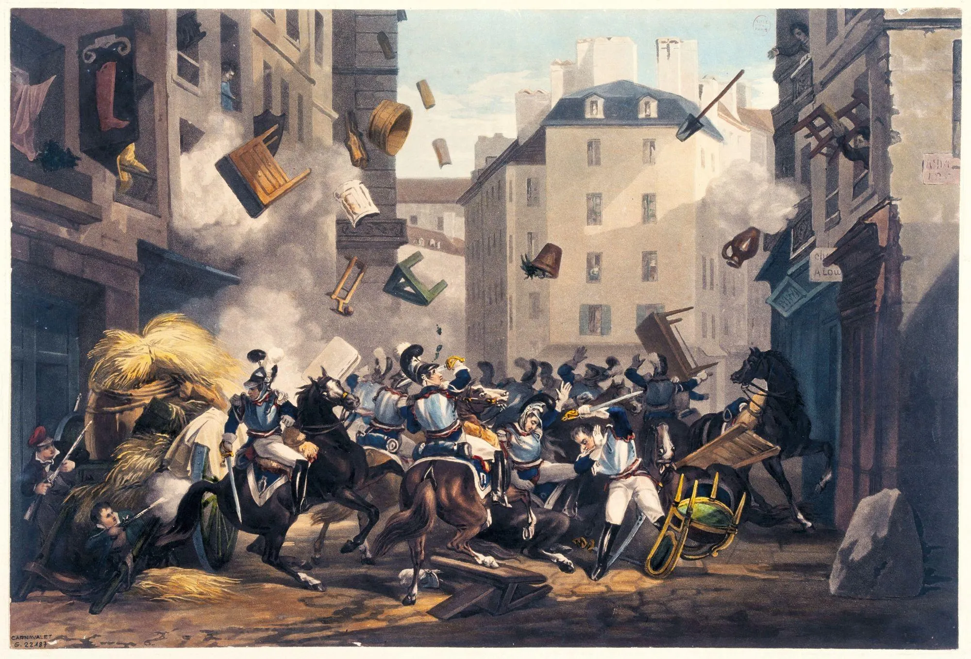 D'après Martinet, Combat dans la rue Saint-Antoine, v. 1830, aquatinte, 27 x 49 cm, musée Carnavalet, Paris.