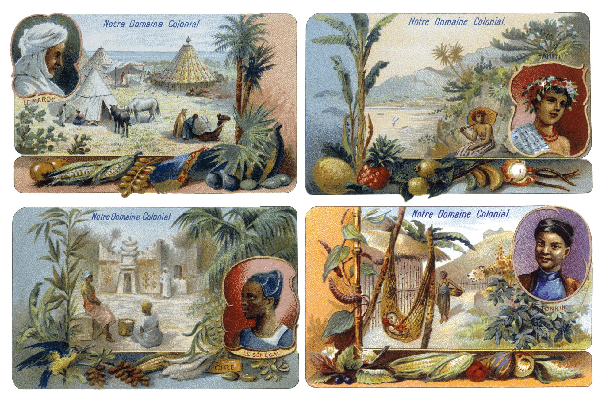 « Notre domaine colonial », série de douze chromos du chocolat Poulain, 1900