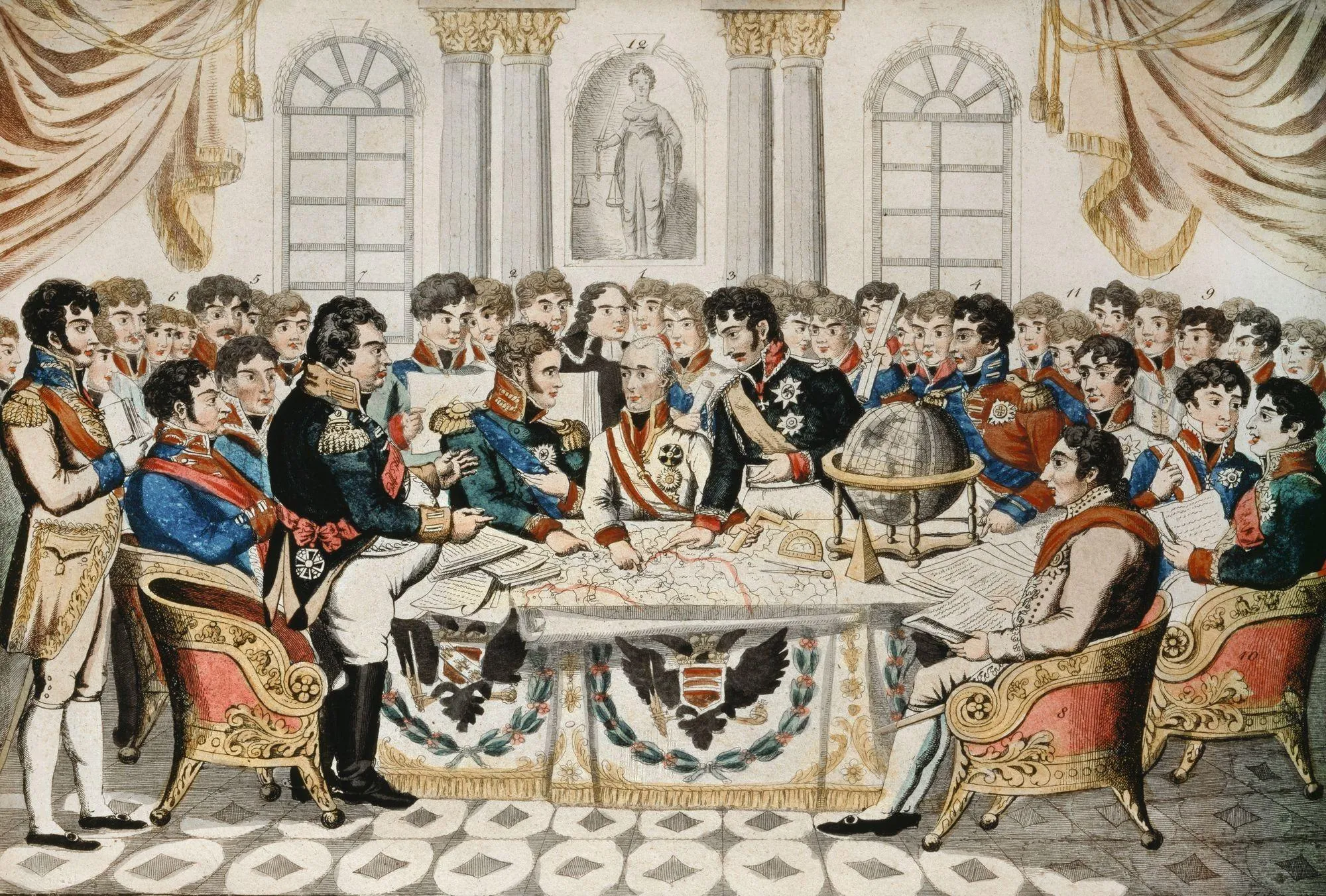 J. Zutz, Le Grand Congrès de Vienne pour la restauration de la paix et du droit en Europe, v. 1815, eau-forte coloriée, 17,9 x 24,5 cm, Museum der Stadt, Vienne.