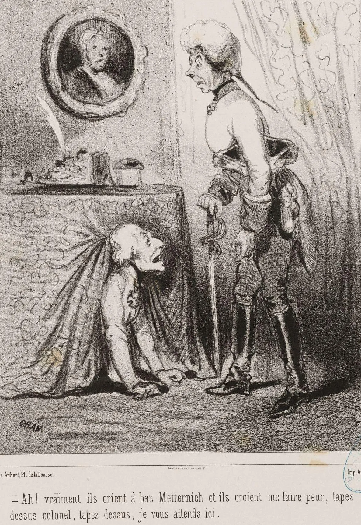 Amédée Charles de Noé, dit Cham, « Ah ! vraiment ils crient à bas Metternich et ils croient me faire peur, tapez dessus colonel, tapez dessus, je vous attends ici », 1848, lithographie, 36 x 27 cm, musée Carnavalet, Paris.
