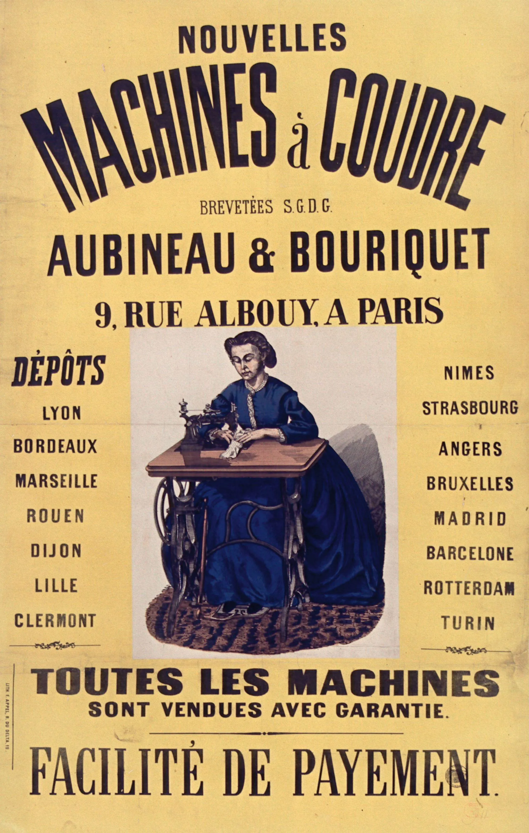 Machine à coudre Aubineau et Bouriquet, 1866,
lithographie en couleur, 106 x 68 cm, BnF, Paris.