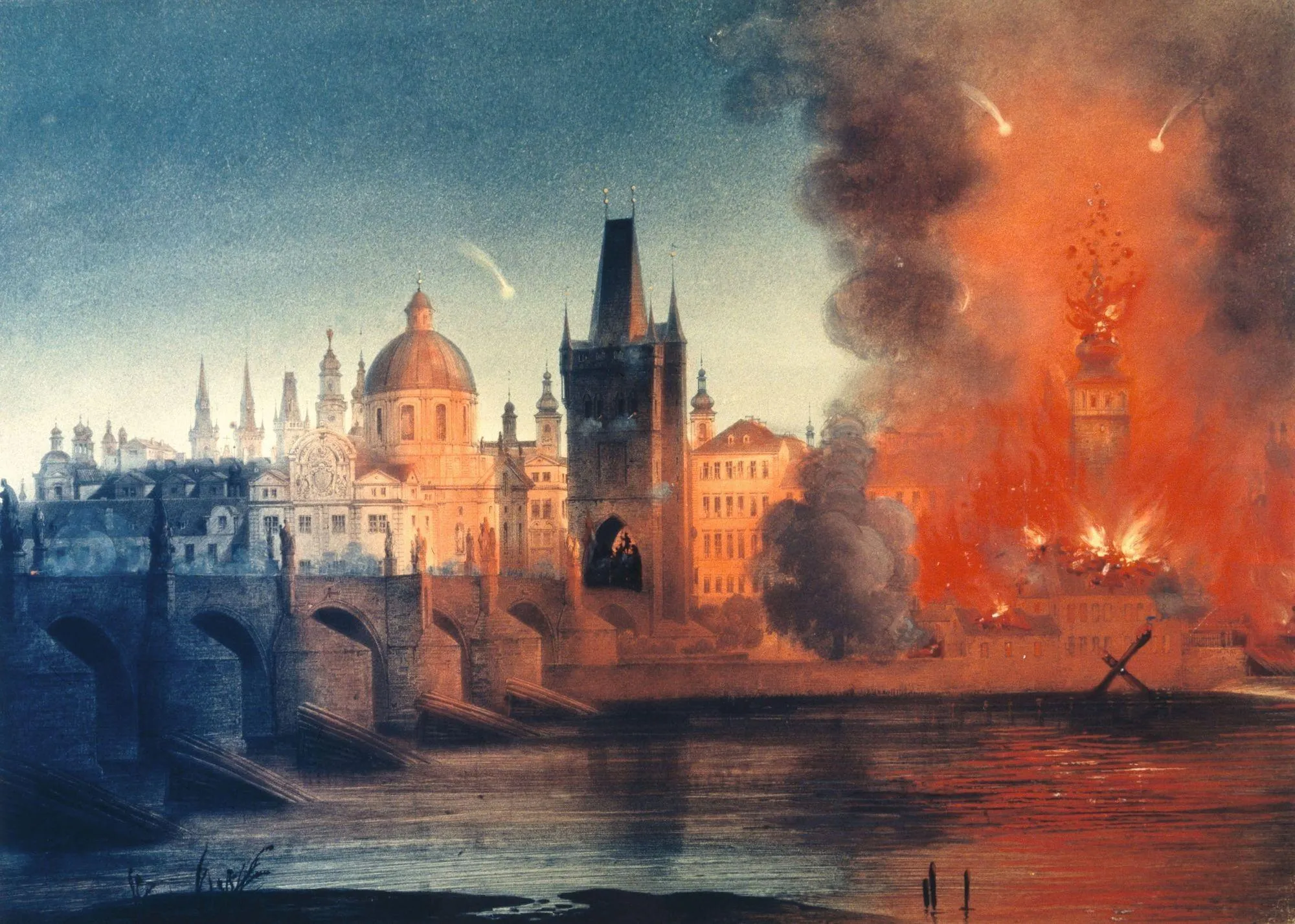 Bombardement de Prague, 1848, lithographie, 33,6 x 45,8 cm, Wien Museum, Vienne.