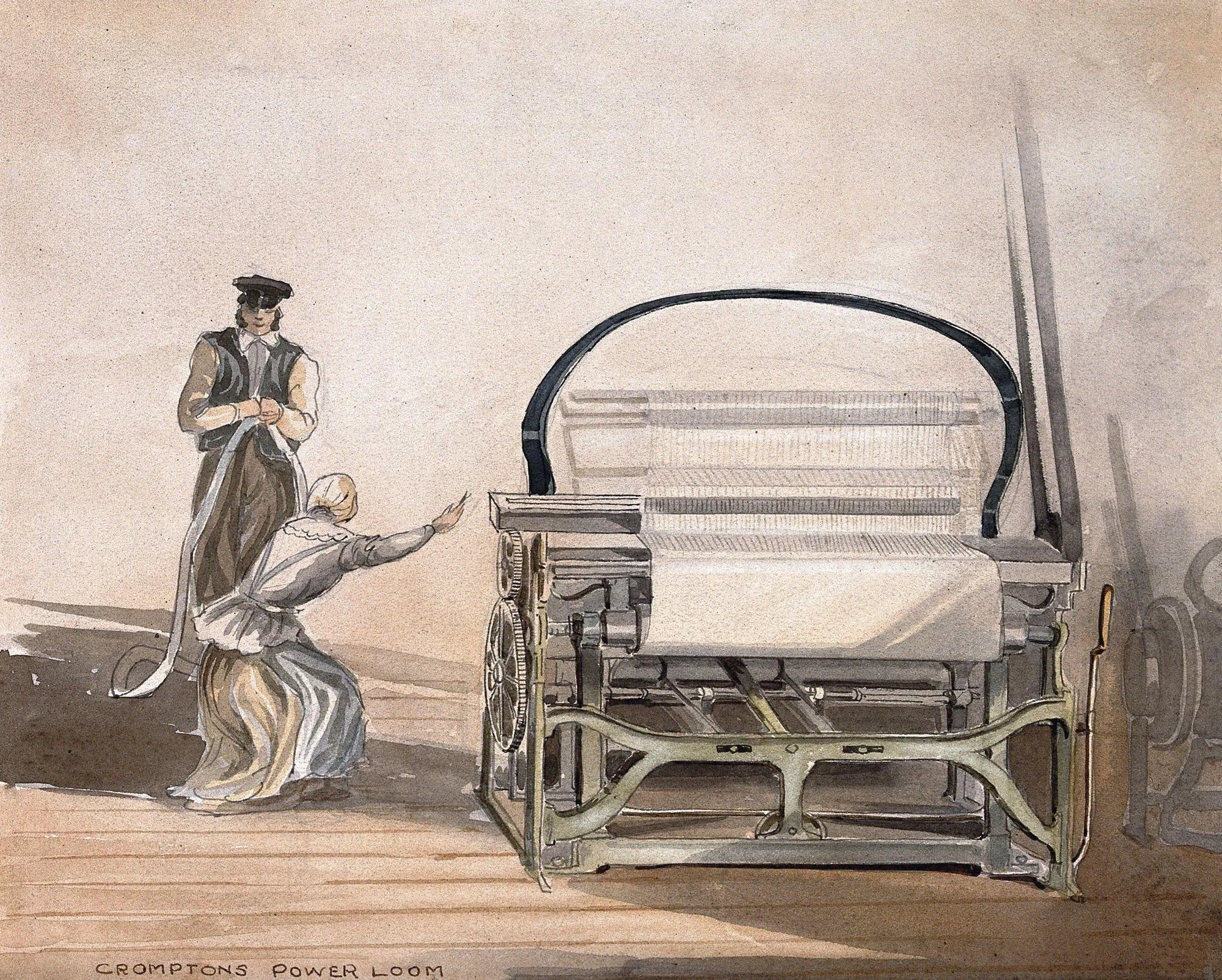 Anonyme, Métier à tisser mécanique, ouvrière et contremaître, aquarelle d'après
un dessin datant de 1835.
