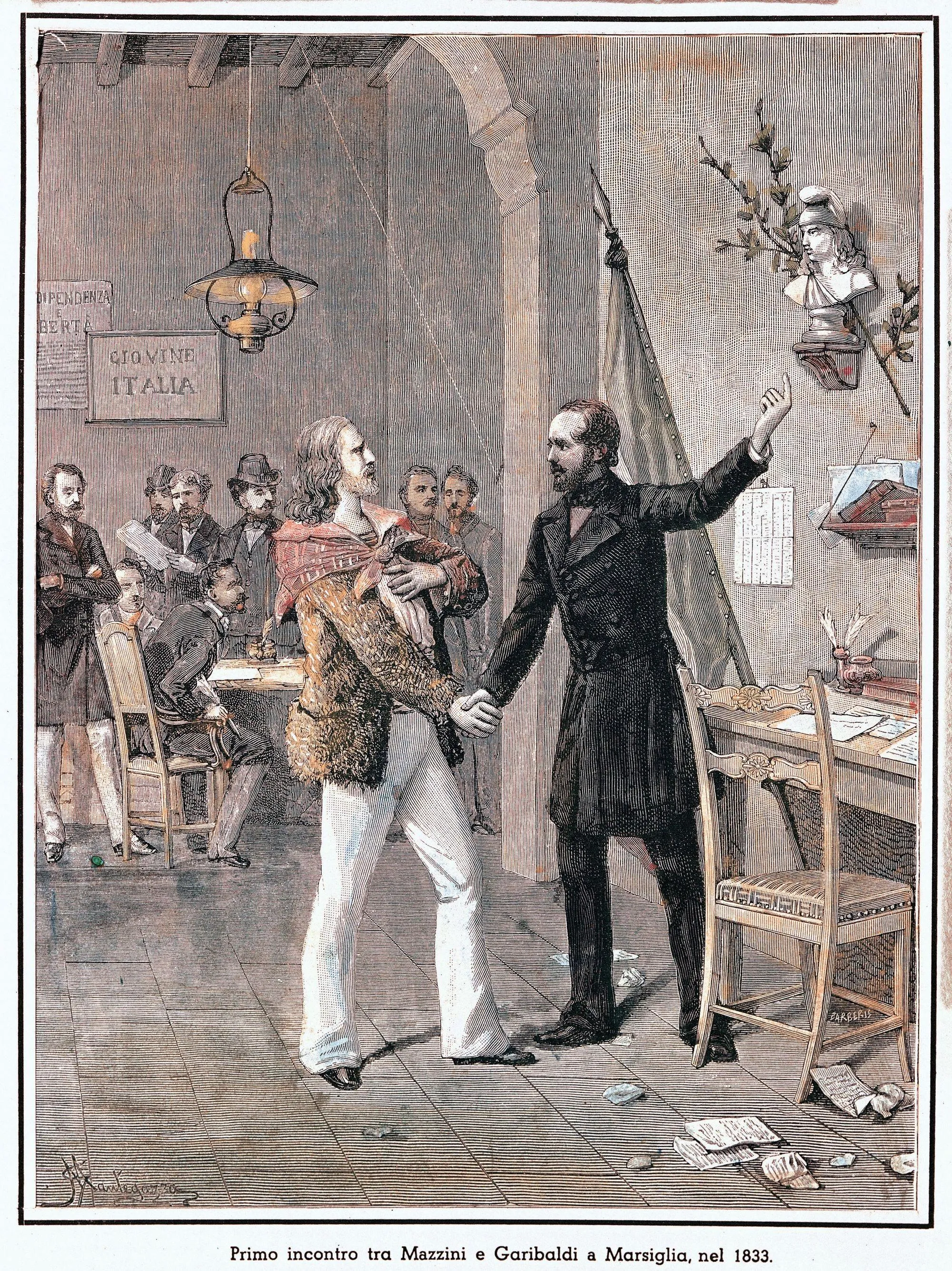 Anonyme, Première rencontre entre Giuseppe Garibaldi et Giuseppe Mazzini, v. 1833, gravure.