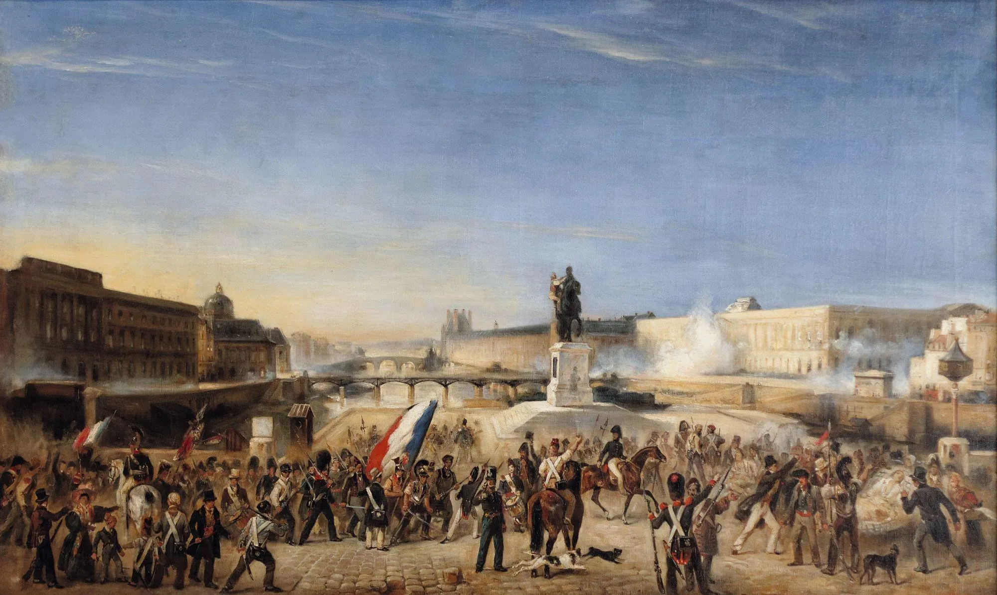 Anonyme, Combats sur le Pont-Neuf en 1830, v. 1830, huile sur toile.