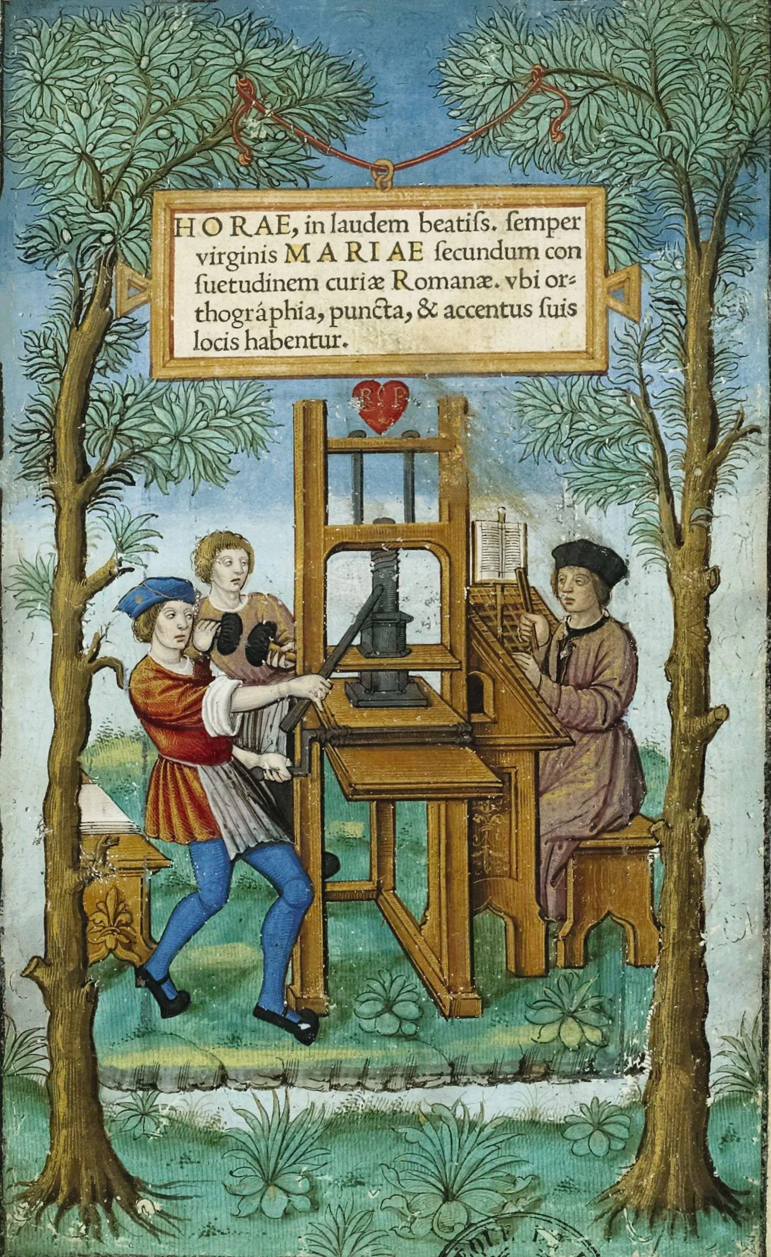 Étienne Collault, Un atelier d'imprimerie, enluminure d'une impression des Heures à l'usage de Rome, 1525, bibliothèque de l'Arsenal, Paris