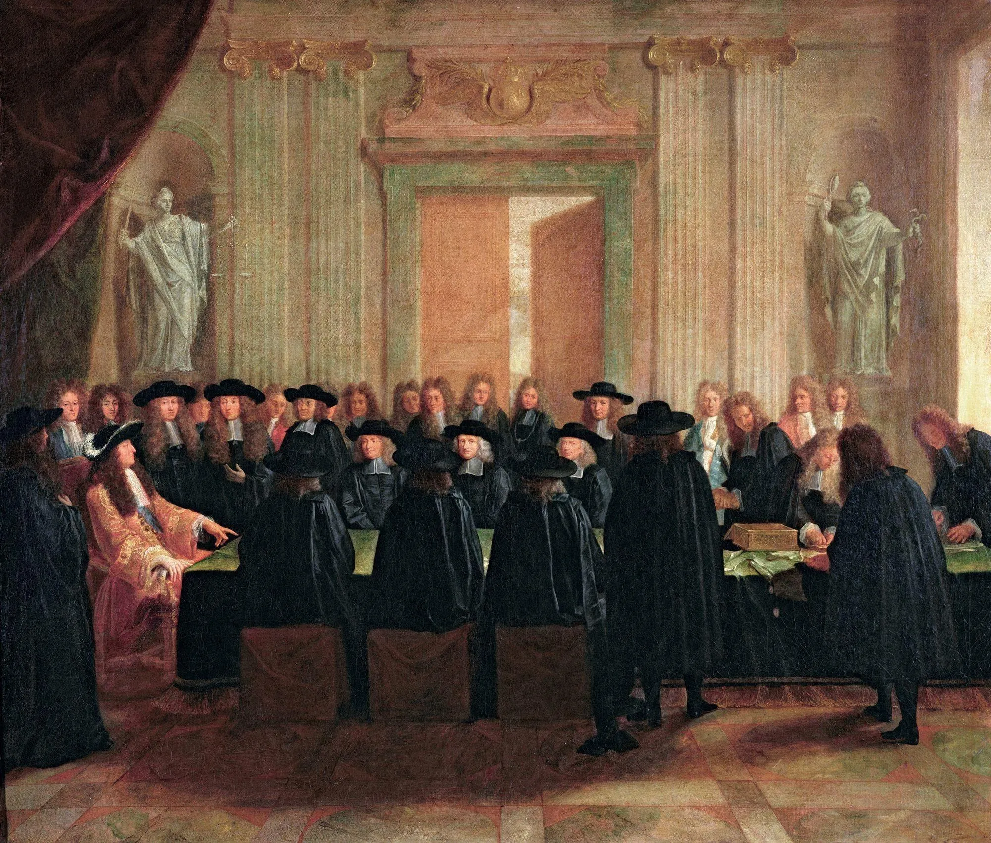 Anonyme, Louis XIV tenant les sceaux en présence des conseillers d'État et des maîtres des requêtes, XVIIe siècle, huile sur toile, 110 x 128 cm, château de Versailles