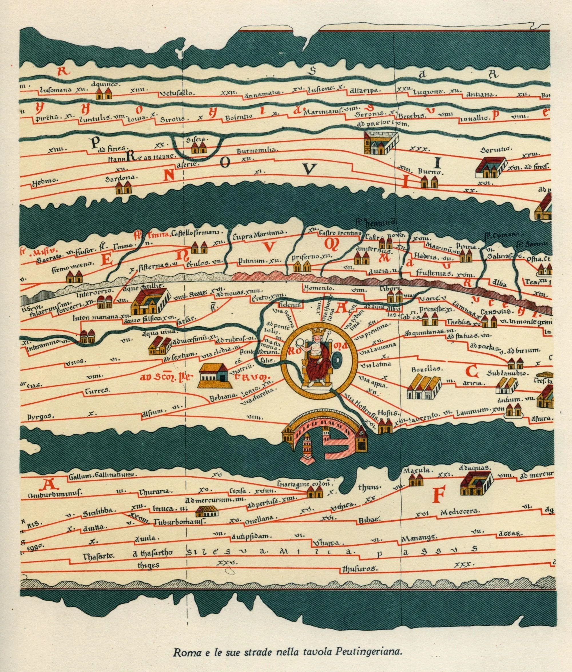 Table de Peutinger, détail d'une carte antique, copie médiévale, XIIIe siècle