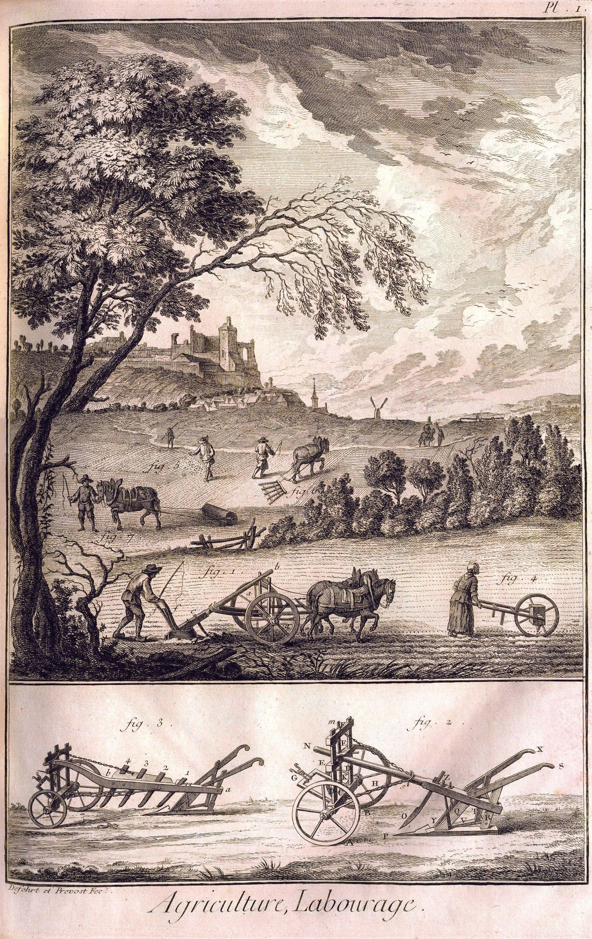 Gravure issue de l'Encyclopédie, 1770, planche agriculture, labourage