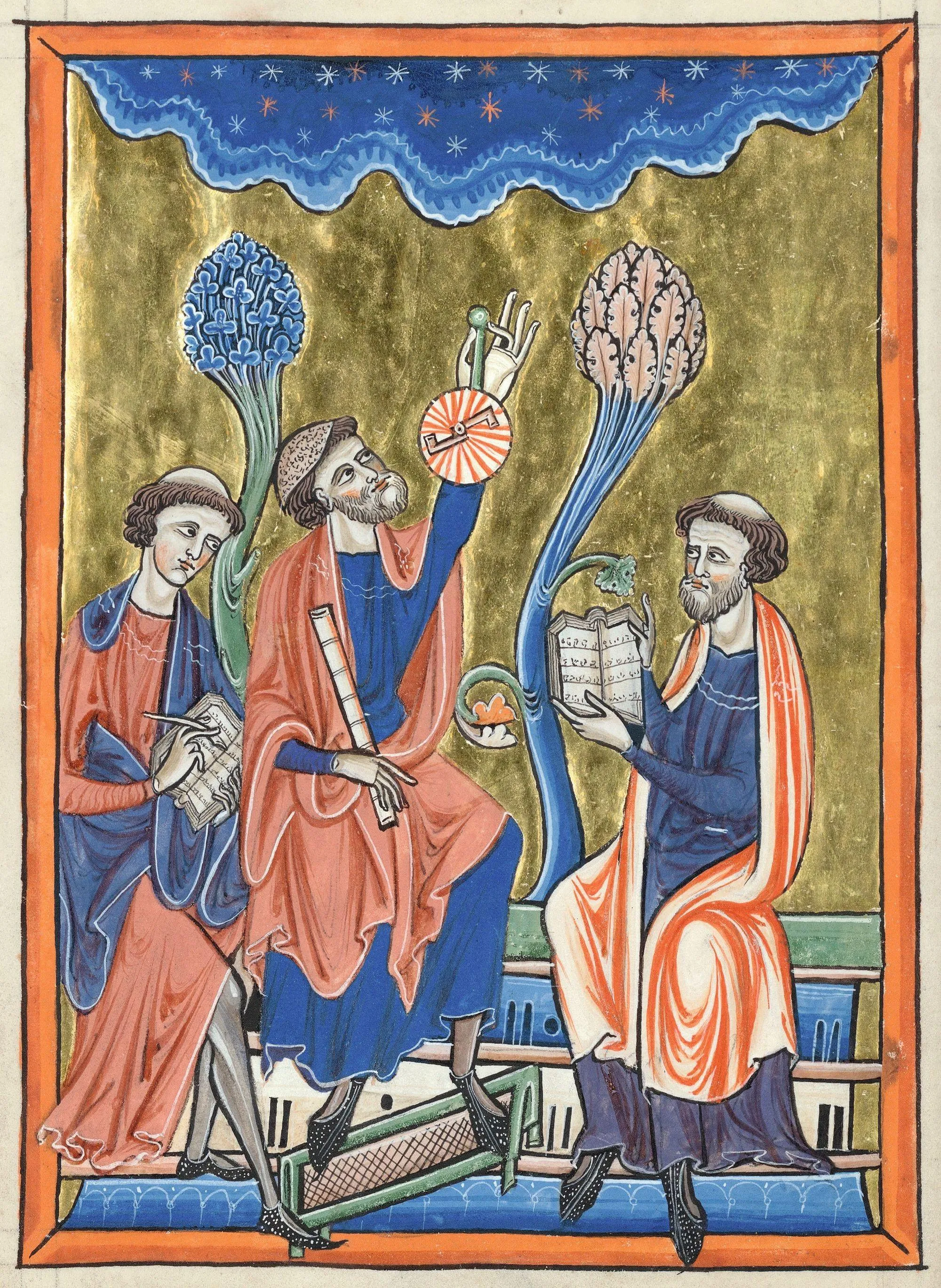 « Abraham Ibn Ezra enseigne l'astronomie à des clercs latins », enluminure, 1225-1235, 19,2 x 13,7 cm, Psautier dit de Blanche de Castille, bibliothèque de l'Arsenal, Paris, ms. 1186, f. 1v.
