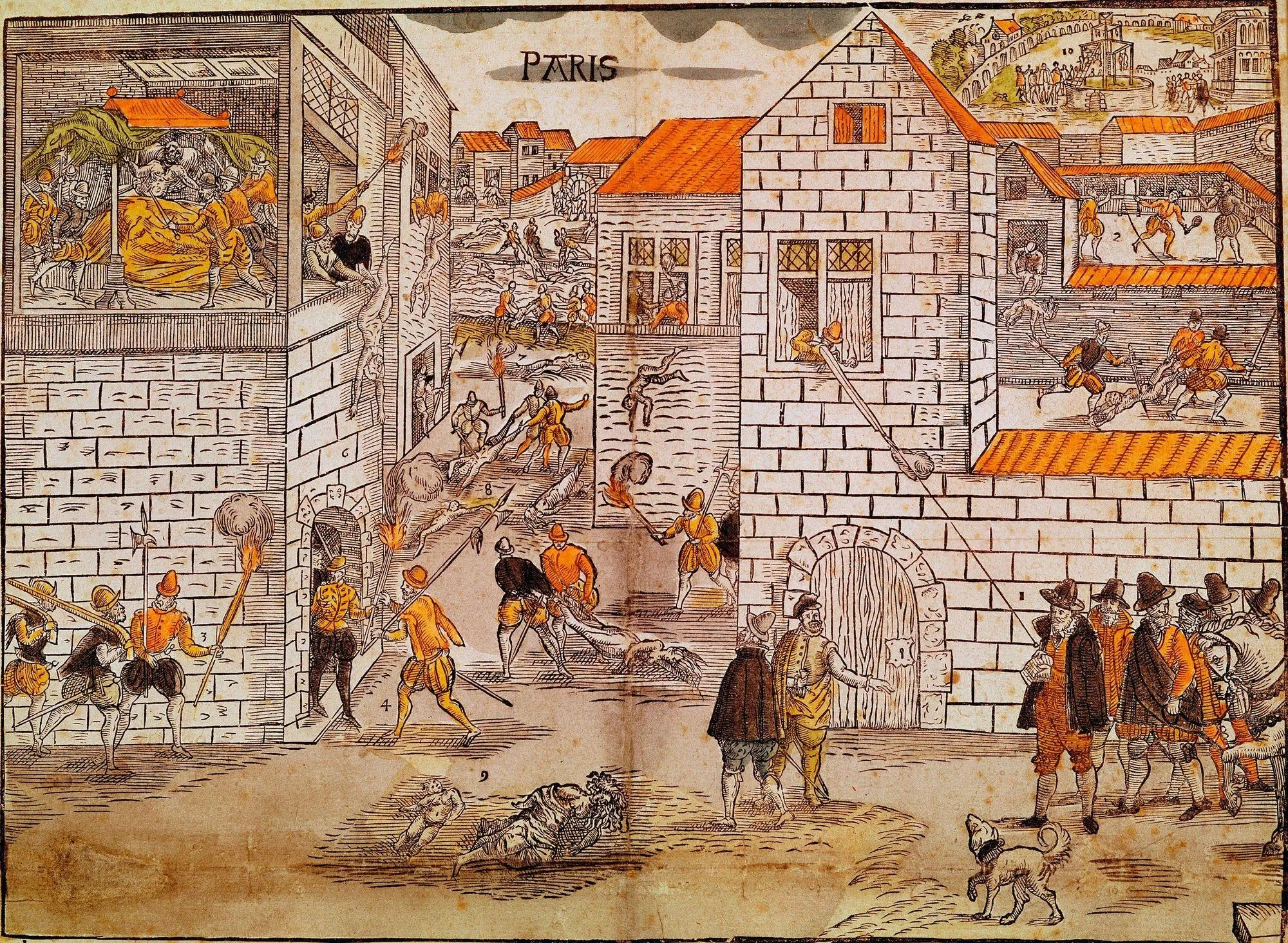 Anonyme, Massacre de la Saint-Barthélemy, estampe en couleur, XVIe siècle