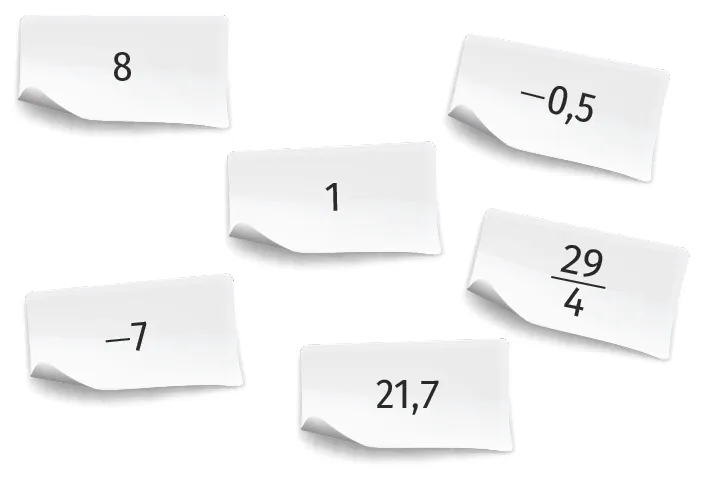 Six papiers indiquant respectivement les chiffes 8, 1, -7, -0,5, 21,7 et 29 divisé par 4