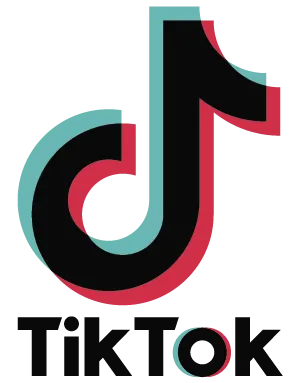 Logo Tiktok : il représente une note de musique noire, rouge et turquoise en dessous de laquelle est inscrit tik tok