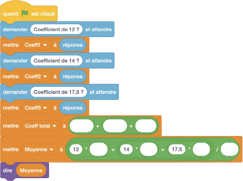 Capture d'écran de code Scratch calculant une moyenne pondérée.