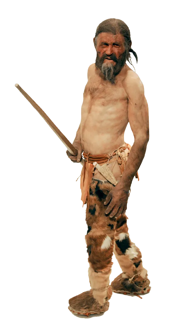 Reconstruction d'Ötzi, homme préhistorique, tenant une lance, vêtu de vêtements en fourrure.