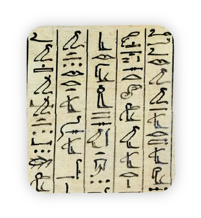 Peinture sur papyrus : détail d'un Livre des morts égyptien antique montrant des hiéroglyphes noirs sur fond beige.