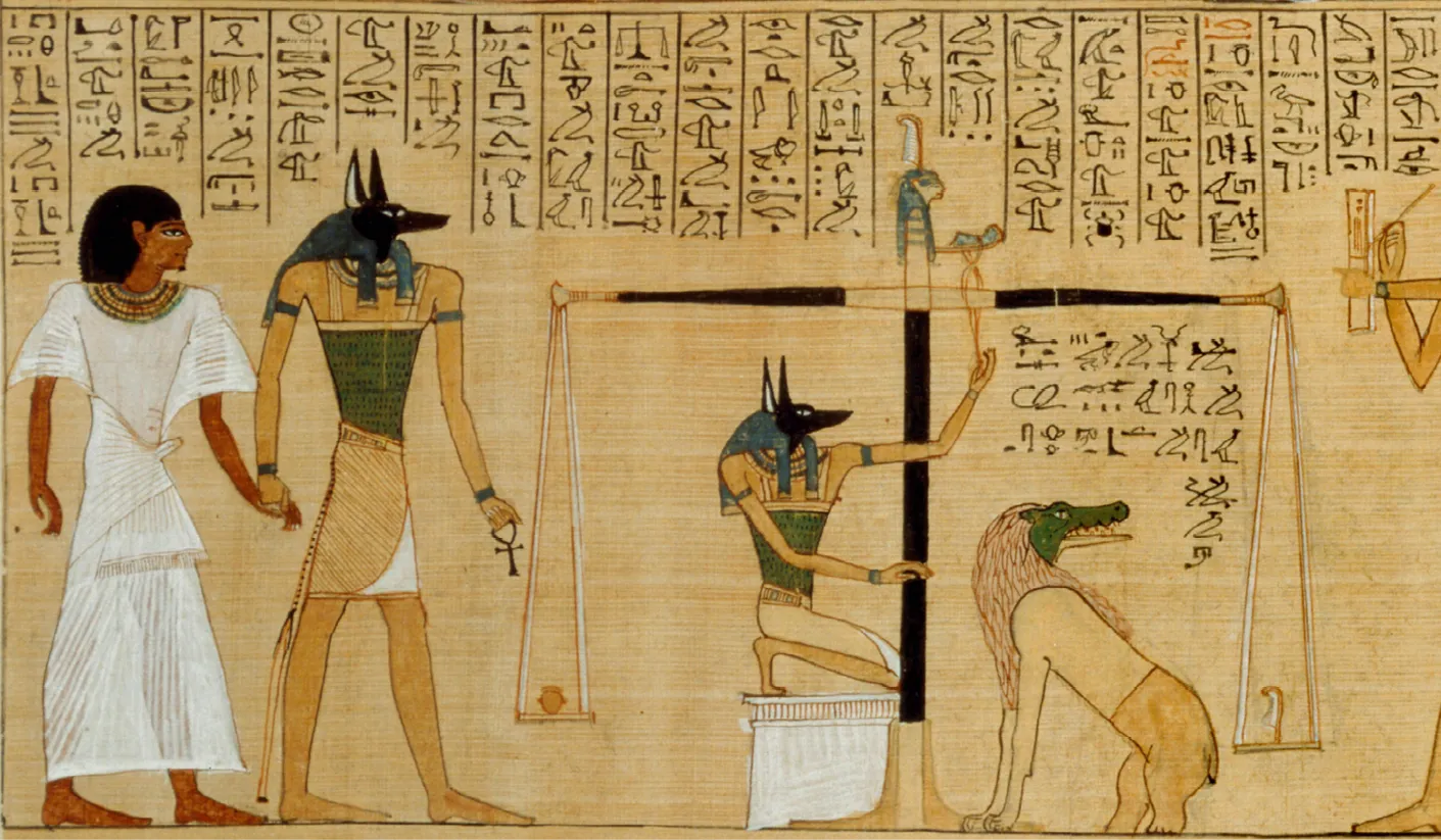 Peinture égyptienne du Livre des morts de Hounefer, pesée de l'âme par Anubis et Ammit.